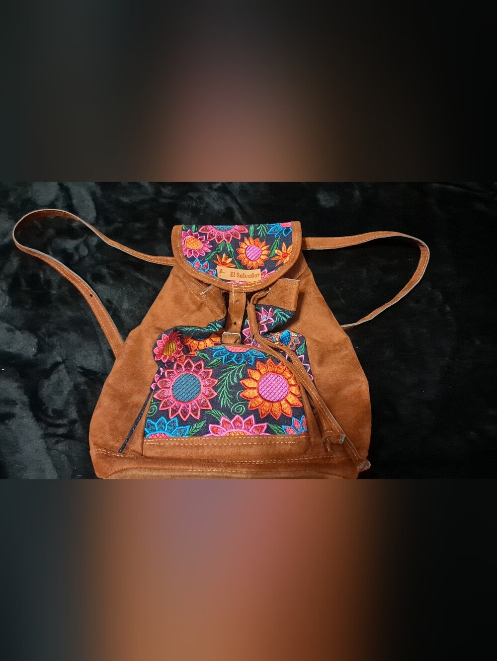 Suede Brown Backpack with Colorful Floral Embroidery El Salvador